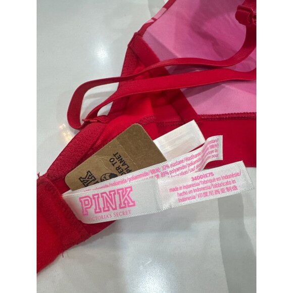 Victorias Secret Pink Red Bra With White Hearts 34DD Adjustable Straps Stretch B - Picture 6 of 6